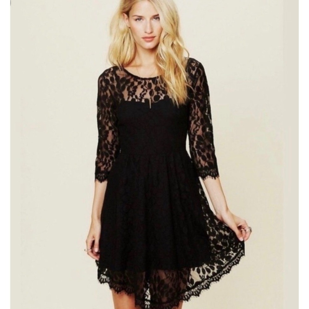Free People Lace Mini Dress Womens 2 Black Sheer Whimsigoth Dark Romantic